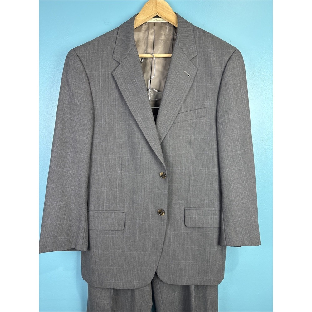 Joseph Abboud Men's Suit Gray Window Pane Plaid Size 40 Wool Pleated 32x28
